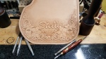 harley, floral, mustang seat, softail, slim, deluxe, heritage, fatboy, leg guard, heat shield, leather, hand tooled, embroidery, matching, diamond stitch